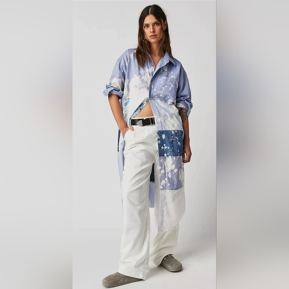Free People x Tricia Fix Washed Patchwork Oxford Top Size M. NWOT